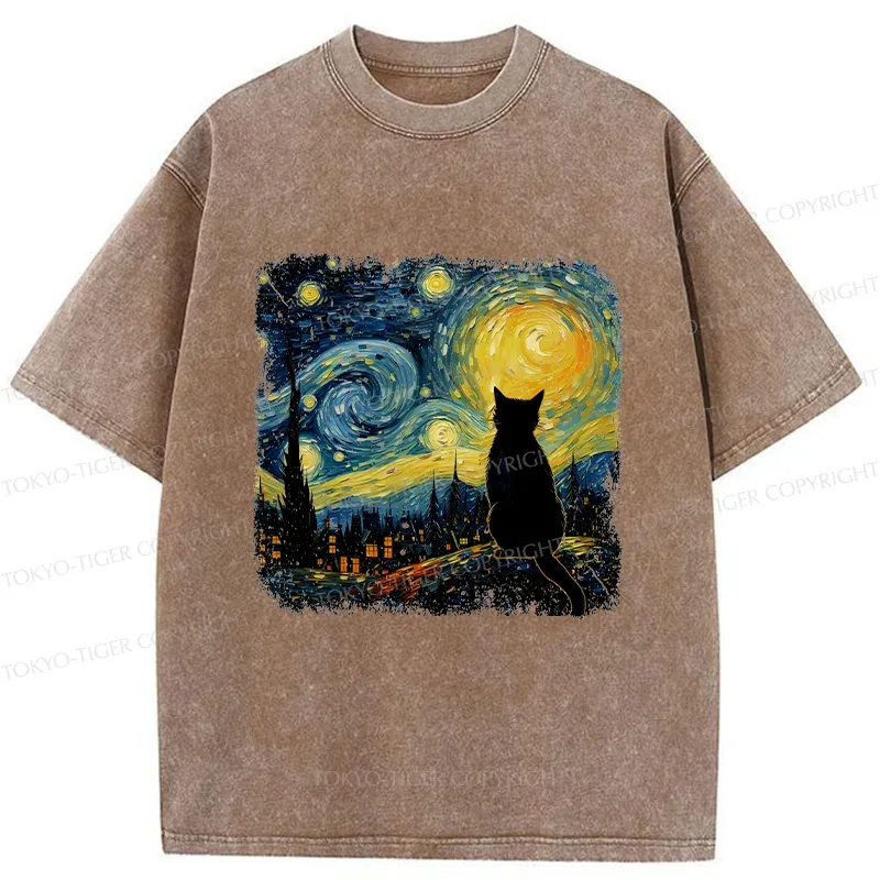 Tokyo-Tiger The Starry Night Cat Washed T-Shirt