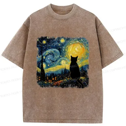 Tokyo-Tiger The Starry Night Cat Washed T-Shirt