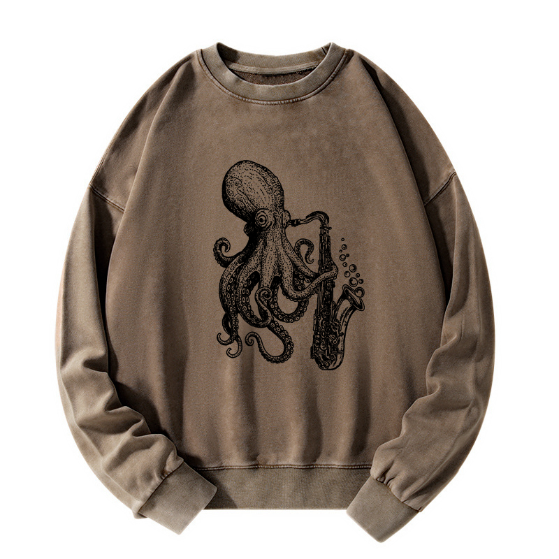 Tokyo-Tiger Octopus Playing Saxophone Washed Sweatshirt
