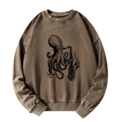 Tokyo-Tiger Octopus Playing Saxophone Washed Sweatshirt