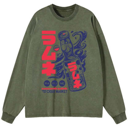 Tokyo-Tiger Ramune Print Japanese Washed Long Sleeve T-Shirt