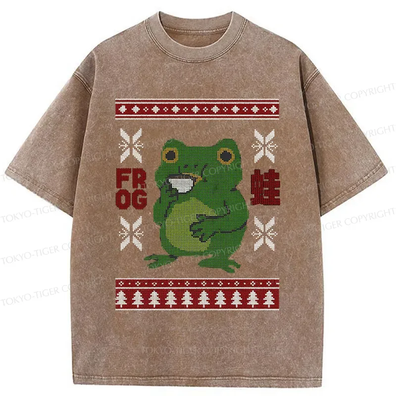 Tokyo-Tiger Frog Drinking Coffee Washed T-Shirt