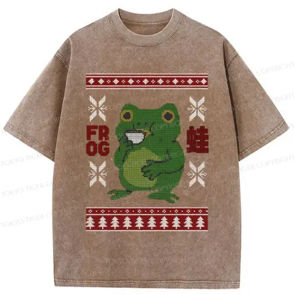 Tokyo-Tiger Frog Drinking Coffee Washed T-Shirt