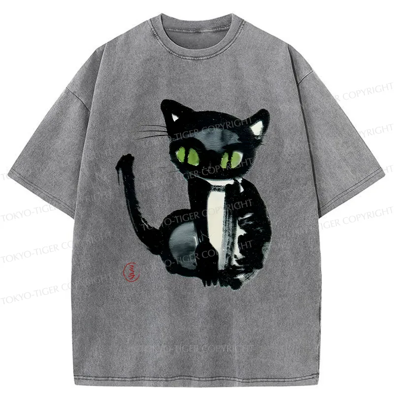Tokyo-Tiger Ink Painting Cat Washed T-Shirt