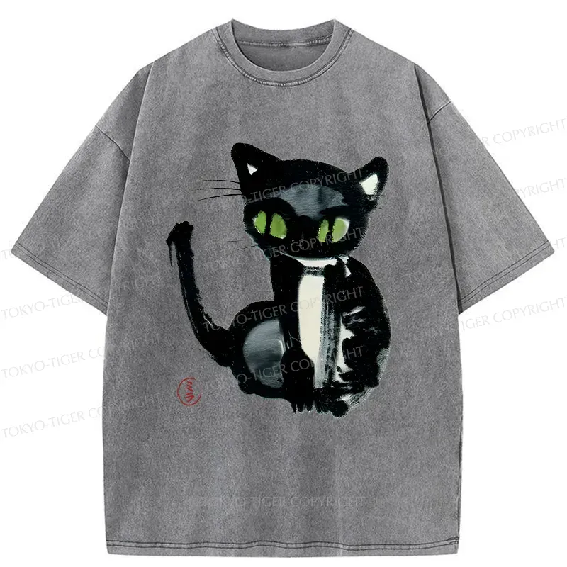 Tokyo-Tiger Ink Painting Cat Washed T-Shirt