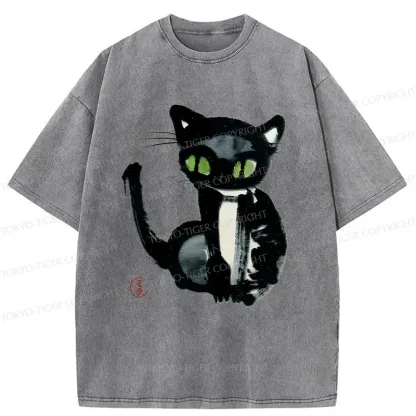 Tokyo-Tiger Ink Painting Cat Washed T-Shirt