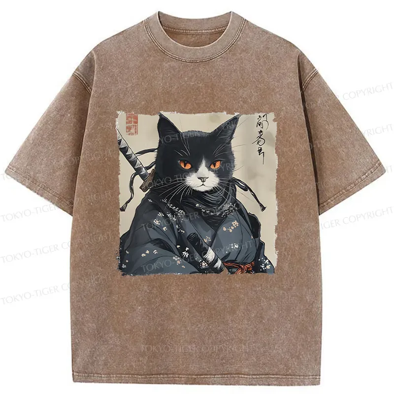 Tokyo-Tiger Handsome Samurai Cat Washed T-Shirt