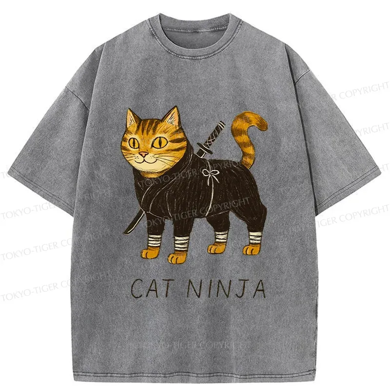 Tokyo-Tiger Cute Ninja Cat Washed T-Shirt