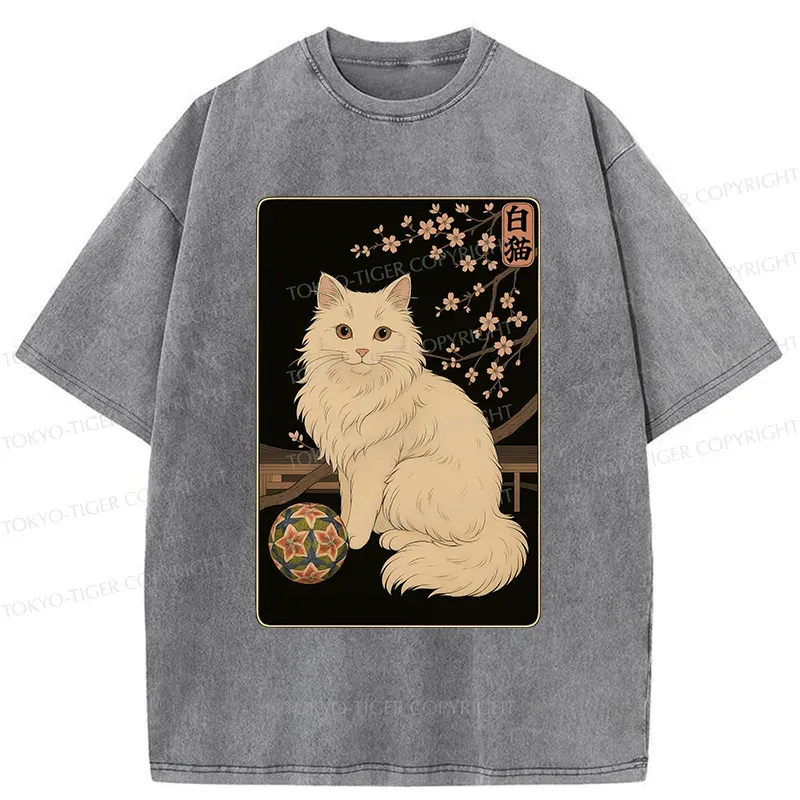 Tokyo-Tiger Retro White Cat Washed T-Shirt