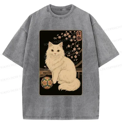 Tokyo-Tiger Retro White Cat Washed T-Shirt