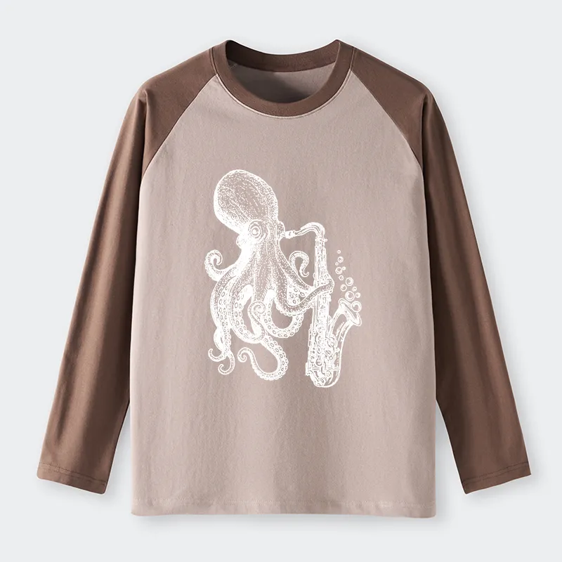 Tokyo-Tiger Octopus Playing Saxophone Raglan Long Sleeve T-shirt