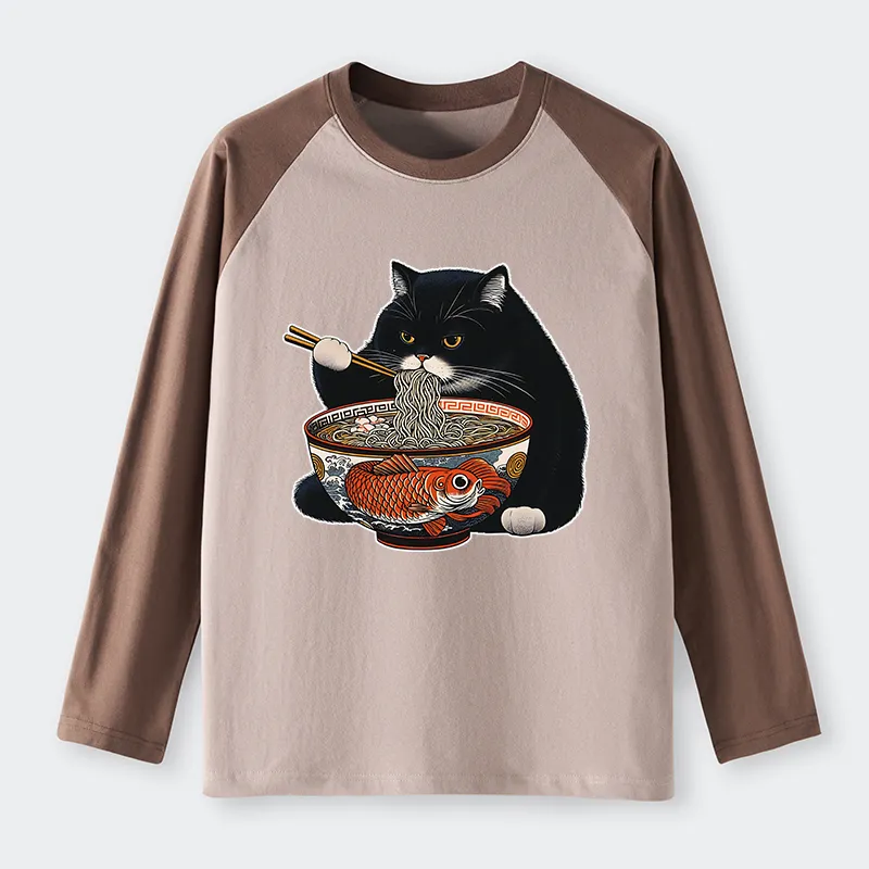 Tokyo-Tiger Fat Cat Eating Ramen Raglan Long Sleeve T-shirt