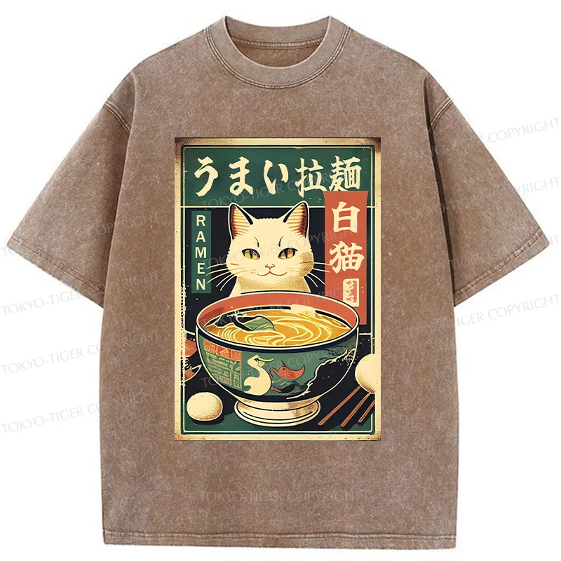 Tokyo-Tiger White Cat Eating Ramen Washed T-Shirt
