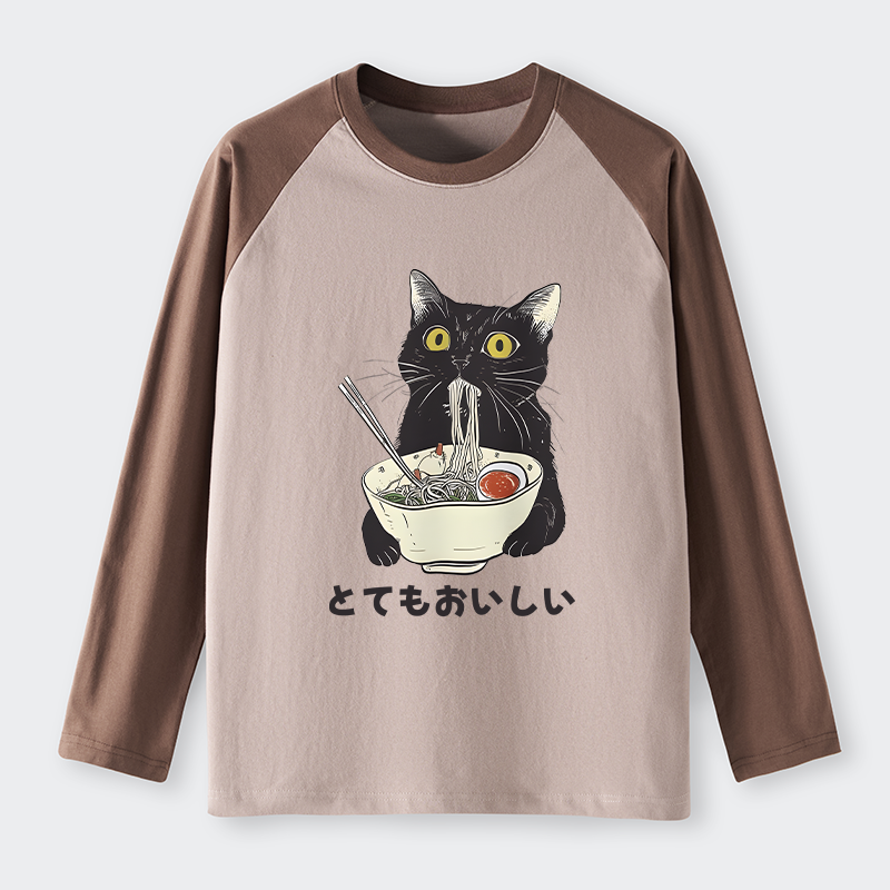 Tokyo-Tiger Cats Eat Ramen Noodles Raglan Long Sleeve T-shirt