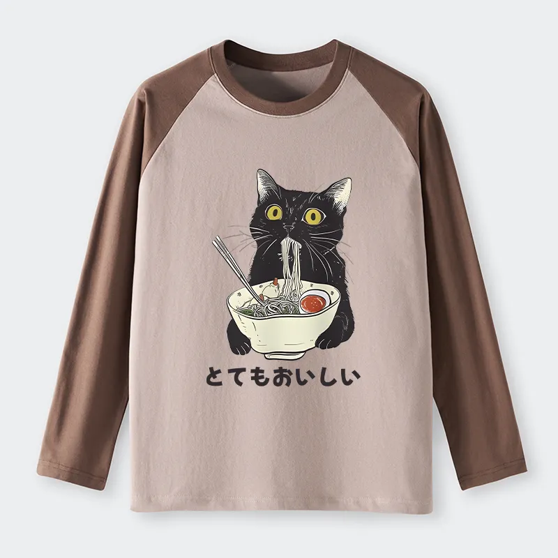Tokyo-Tiger Cats Eat Ramen Noodles Raglan Long Sleeve T-shirt