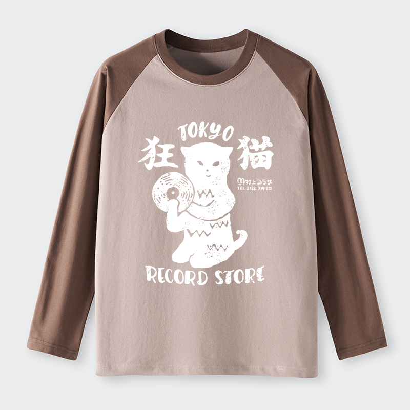 Tokyo-Tiger Tokyo Record Store Cat CD Raglan Long Sleeve T-shirt