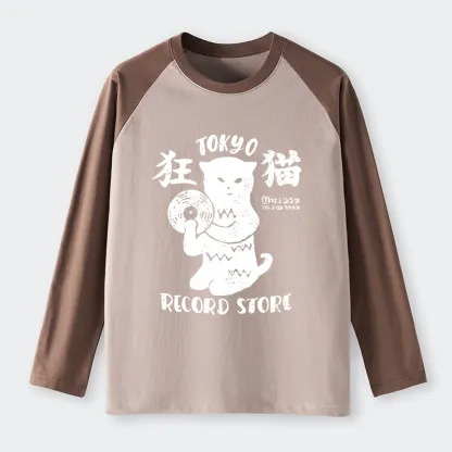 Tokyo-Tiger Tokyo Record Store Cat CD Raglan Long Sleeve T-shirt