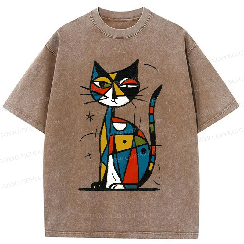 Tokyo-Tiger Abstract Japanese Cat Washed T-Shirt