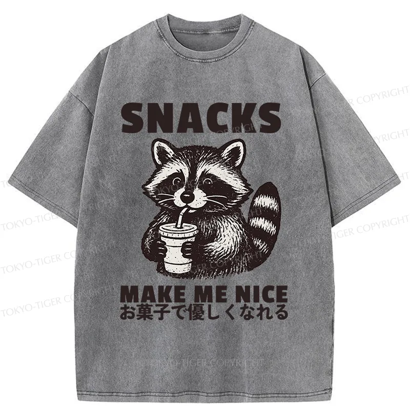 Tokyo-Tiger Raccoon Eating Snacks Washed T-Shirt