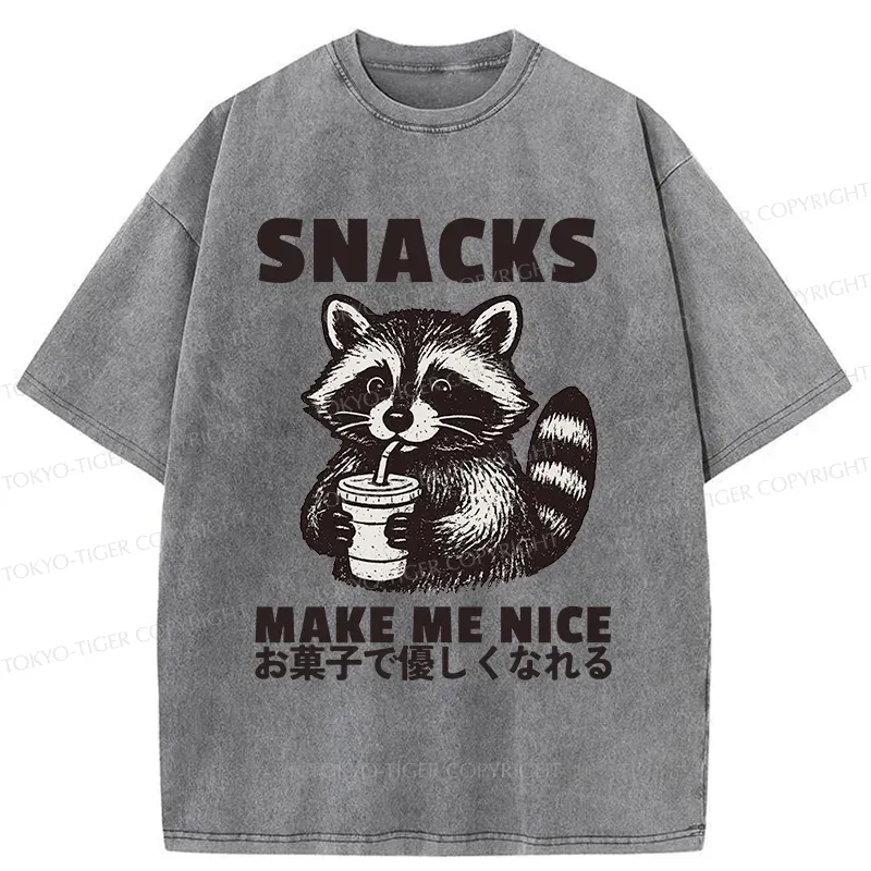 Tokyo-Tiger Raccoon Eating Snacks Washed T-Shirt