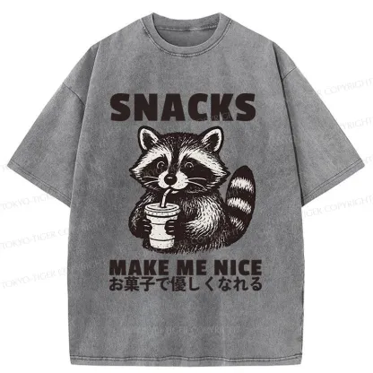 Tokyo-Tiger Raccoon Eating Snacks Washed T-Shirt