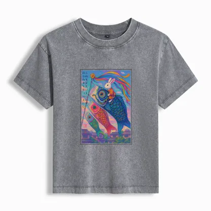 Tokyo-Tiger Ukiyoe Rabbit Ride Carp streamer Poster Washed T-shirt