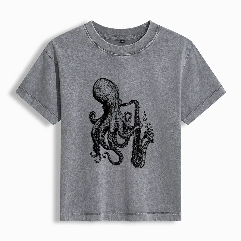 Tokyo-Tiger Octopus Playing Saxophoneg Washed T-shirt
