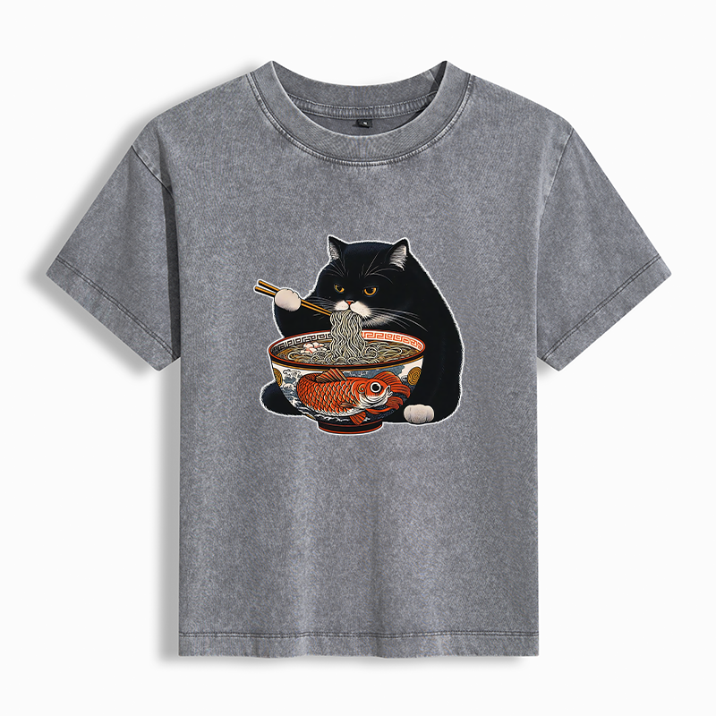 Tokyo-Tiger Fat Cat Eating Ramen Women's Washed T-shirt