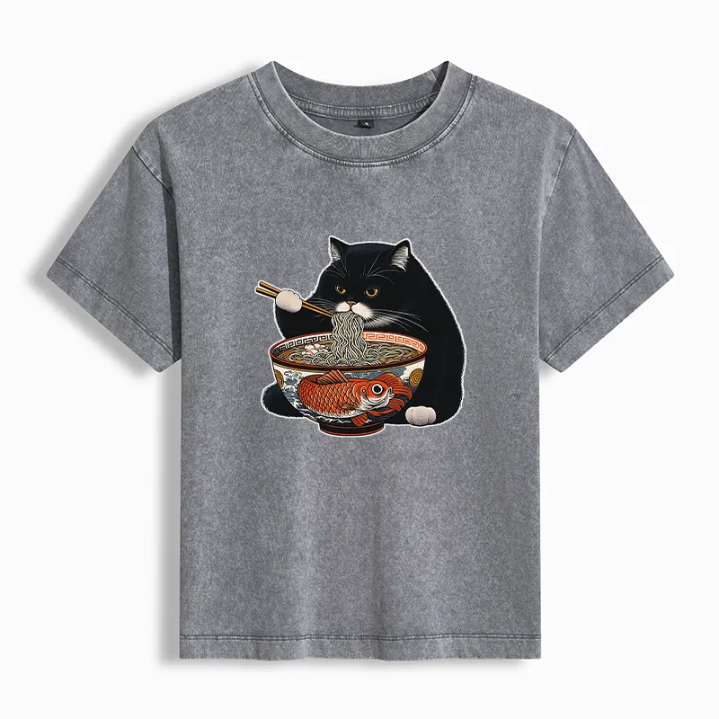 Tokyo-Tiger Fat Cat Eating Ramen Women's Washed T-shirt