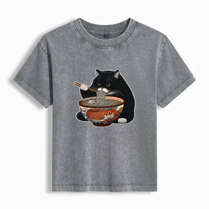 Tokyo-Tiger Fat Cat Eating Ramen Women's Washed T-shirt