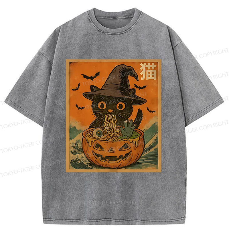 Tokyo-Tiger Halloween Cat Eating Ramen Washed T-Shirt