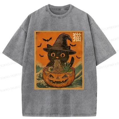 Tokyo-Tiger Halloween Cat Eating Ramen Washed T-Shirt