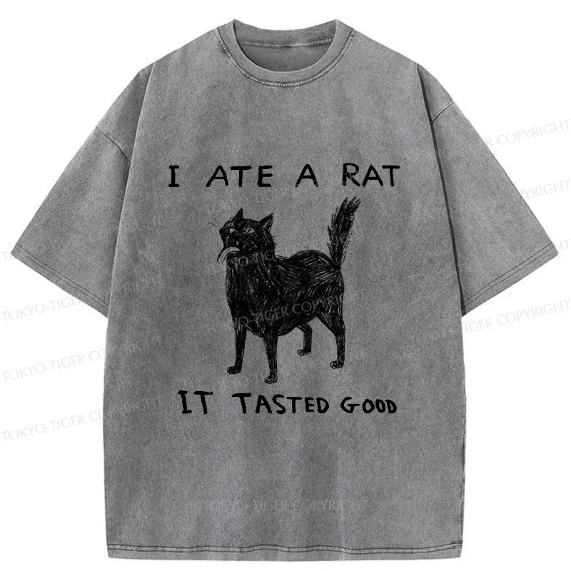 Tokyo-Tiger Cat Tasting Delicious Mouse Washed T-Shirt