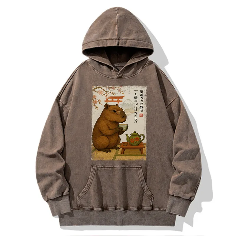 Tokyo-Tiger Tea Time With a Capybara Washed Hoodie