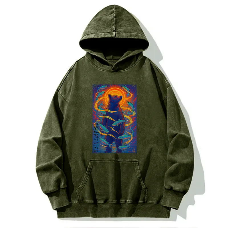 Tokyo-Tiger Ukiyoe Bear and Fish Washed Hoodie