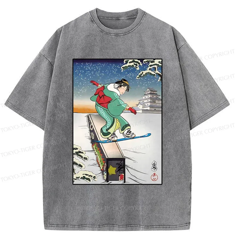 Tokyo-Tiger Skiing Geisha Washed T-Shirt