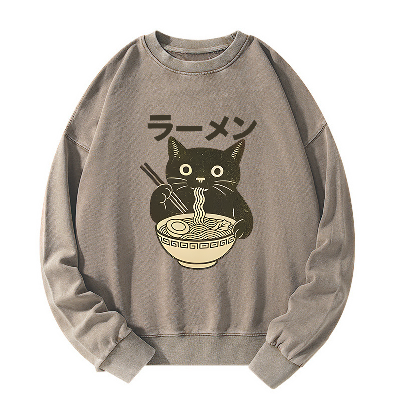 Tokyo-Tiger Simple Black Cat Eating Ramen Washed Sweatshirt