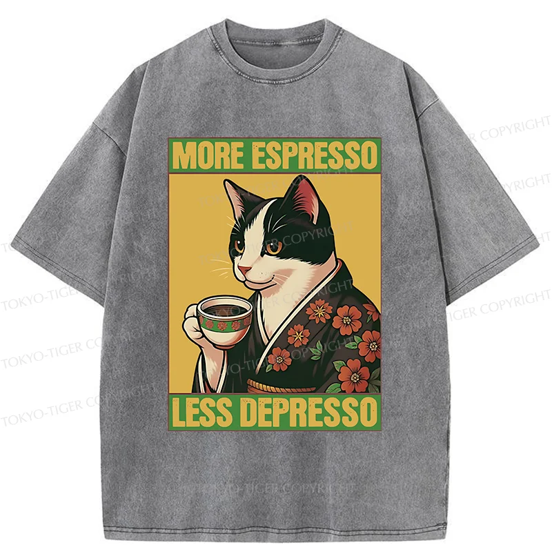 Tokyo-Tiger Tuxedo Cat Drinking Coffee Washed T-Shirt