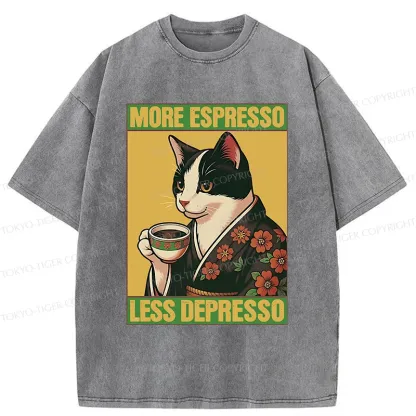 Tokyo-Tiger Tuxedo Cat Drinking Coffee Washed T-Shirt