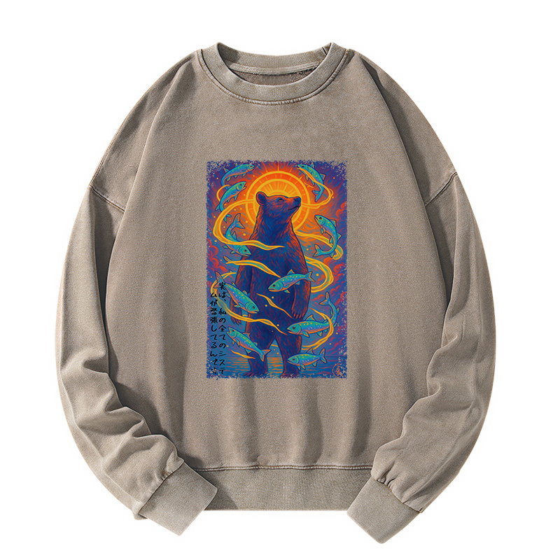 Tokyo-Tiger Ukiyoe Bear and Fish Vintage Poster Washed Sweatshirt