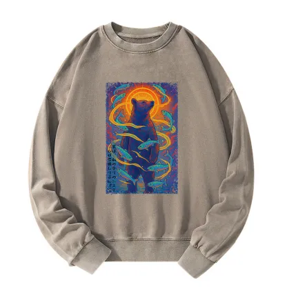 Tokyo-Tiger Ukiyoe Bear and Fish Vintage Poster Washed Sweatshirt