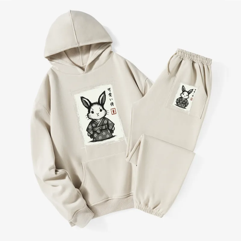 Tokyo-Tiger Woodcut Bunny Fleece Lined Hoodie Set
