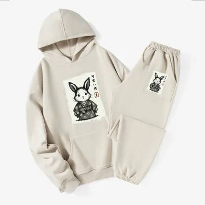 Tokyo-Tiger Woodcut Bunny Fleece Lined Hoodie Set