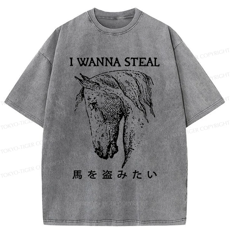 Tokyo-Tiger Funny Horse Washed T-Shirt
