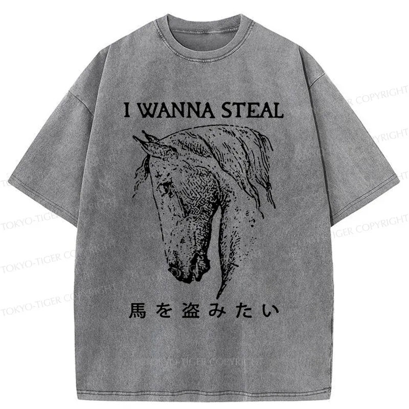Tokyo-Tiger Funny Horse Washed T-Shirt