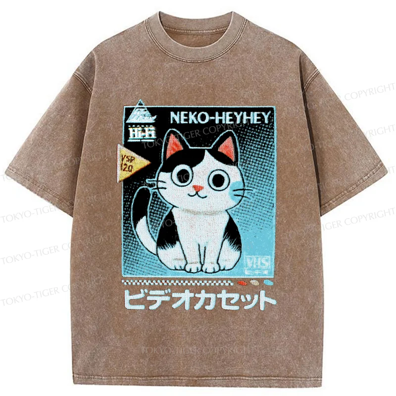 Tokyo-Tiger Retro Cat Videos Washed T-Shirt