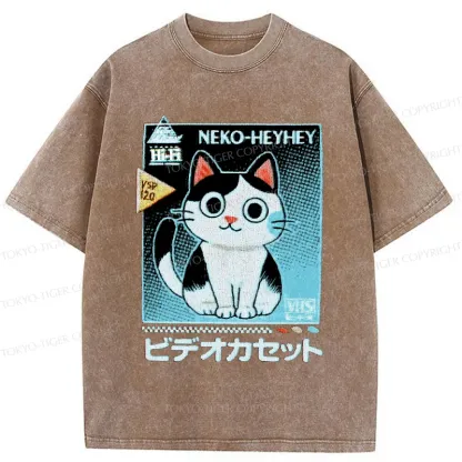 Tokyo-Tiger Retro Cat Videos Washed T-Shirt