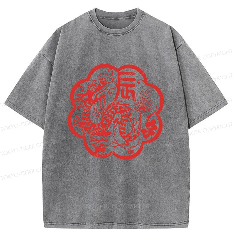 Tokyo-Tiger Dragon Paper Cutting Washed T-Shirt