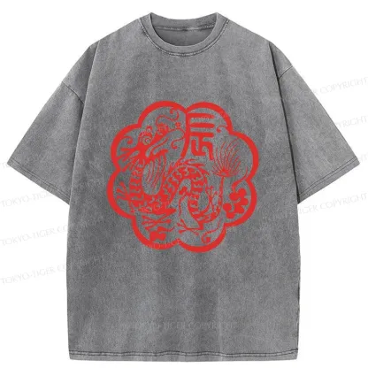 Tokyo-Tiger Dragon Paper Cutting Washed T-Shirt