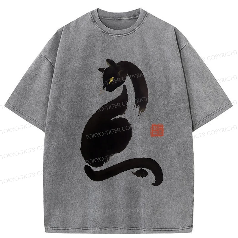 Tokyo-Tiger Elegant Black Cat Washed T-Shirt
